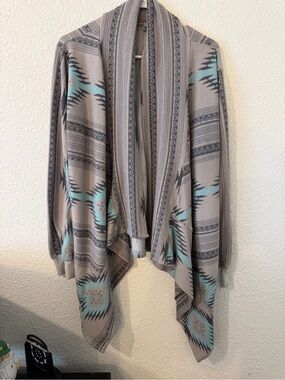 Light Gray Cardigan with Aqua Aztec Accents - Women's Draped Open Front